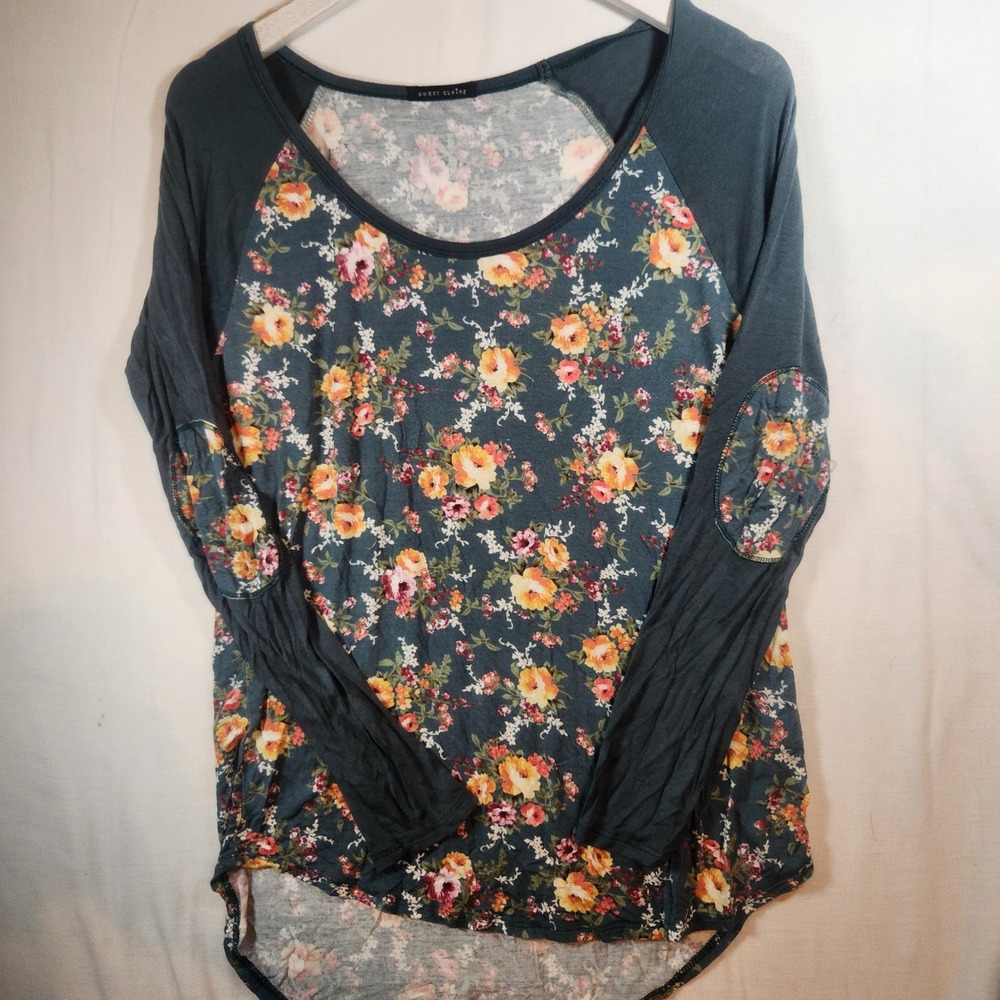 Sweet Claire Floral Raglan Top Teal Long Sleeve Elbow Patch Scoop Neck Shirt